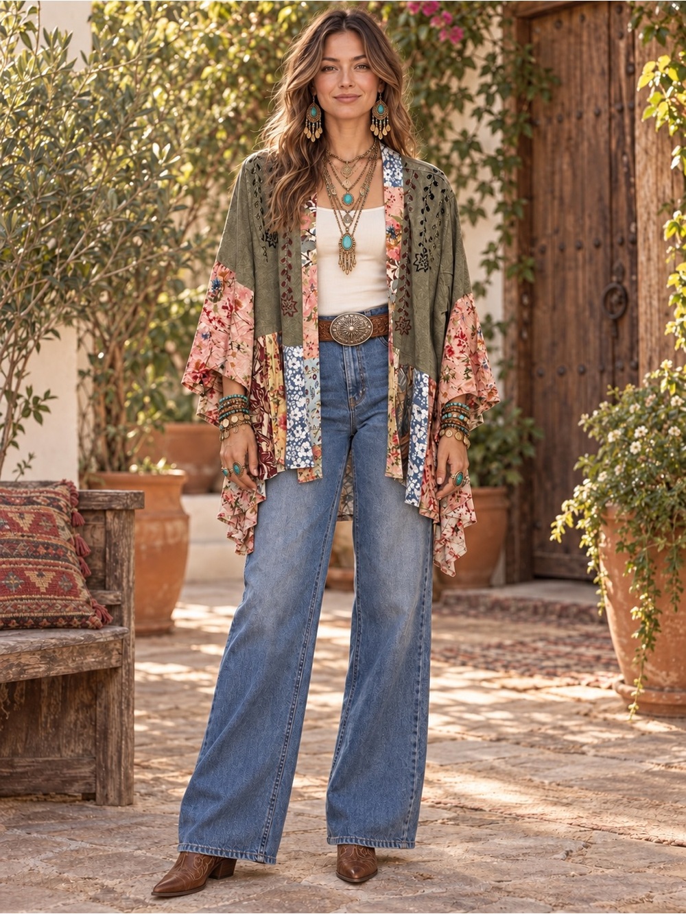 Boho Patchwork Kimono Cape in Olive & Blush